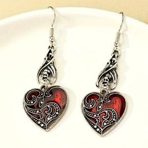 NEW Enamel Heart Dangle Earrings Goth Bat Red Silver Tone Fish Hook GIFT